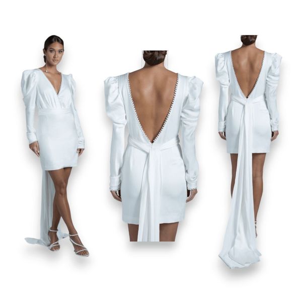 Rime Arodaky Seraph Pearl Beaded Tie Wedding Bridal Satin Mini Dress‎ Size US 12 - Picture 1 of 16